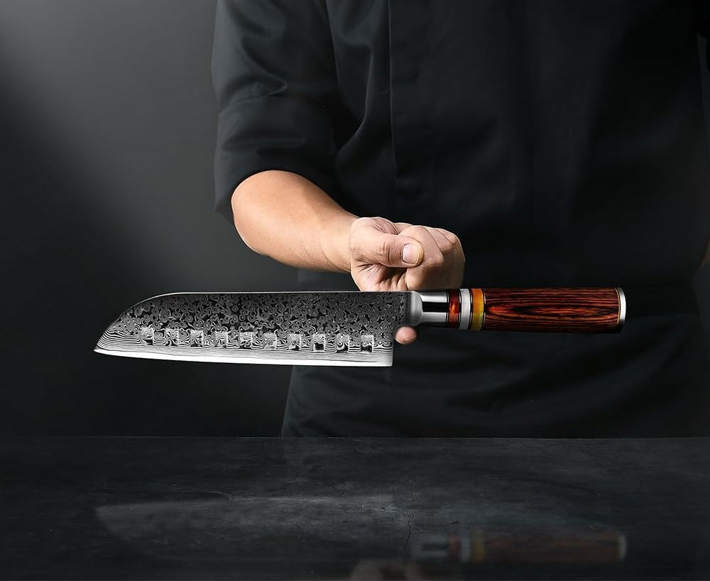 Damascus Santoku Kitchen Knife 7" Pakka Wood Handle