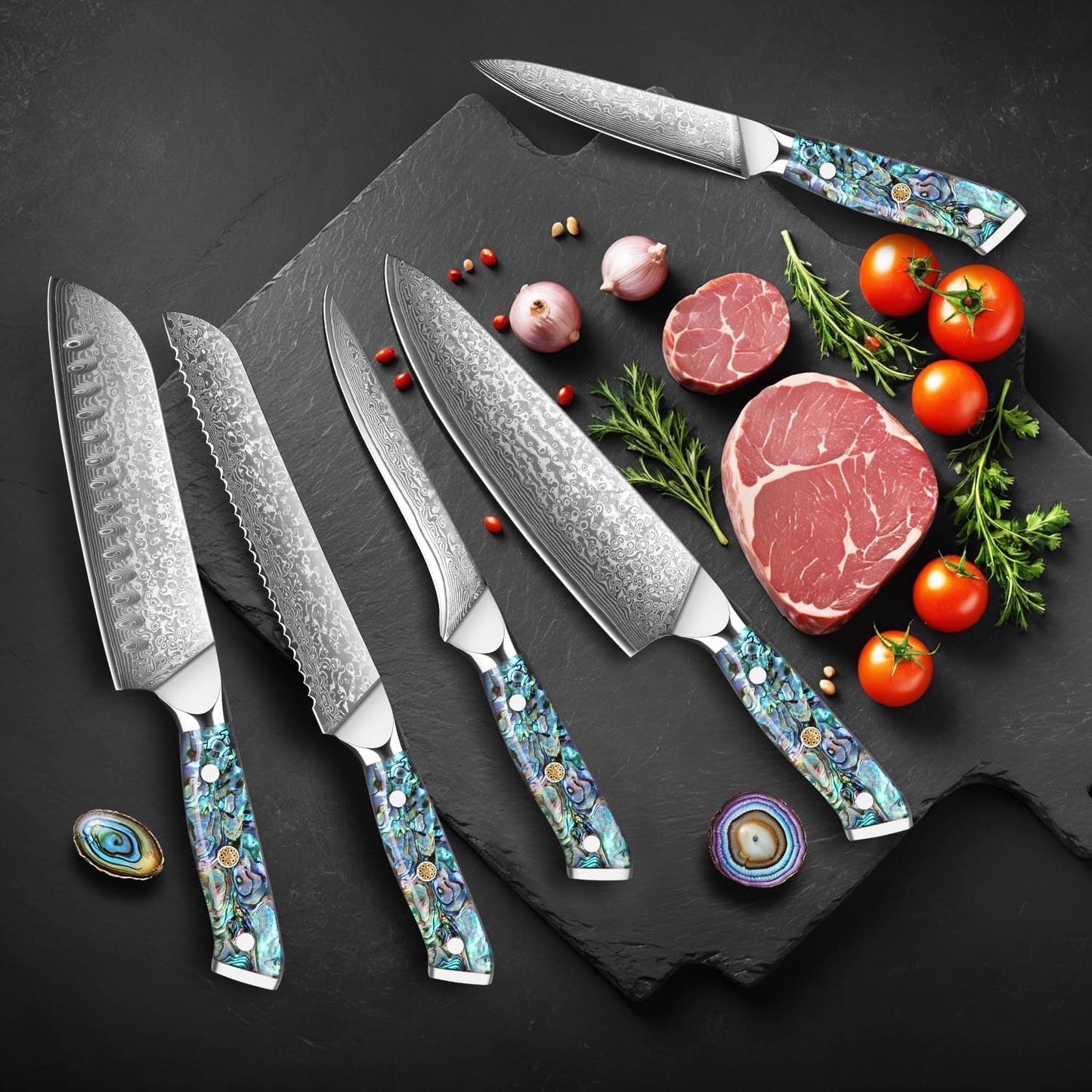 5-Piece Damascus Chef Knife Set with Abalone Shell Handles