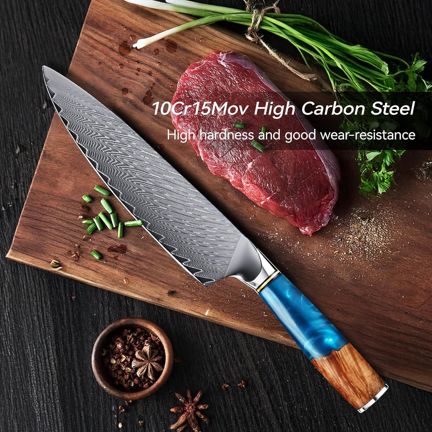 Damascus Chef Knife 8" Pakka Wood & Blue Resin Handle