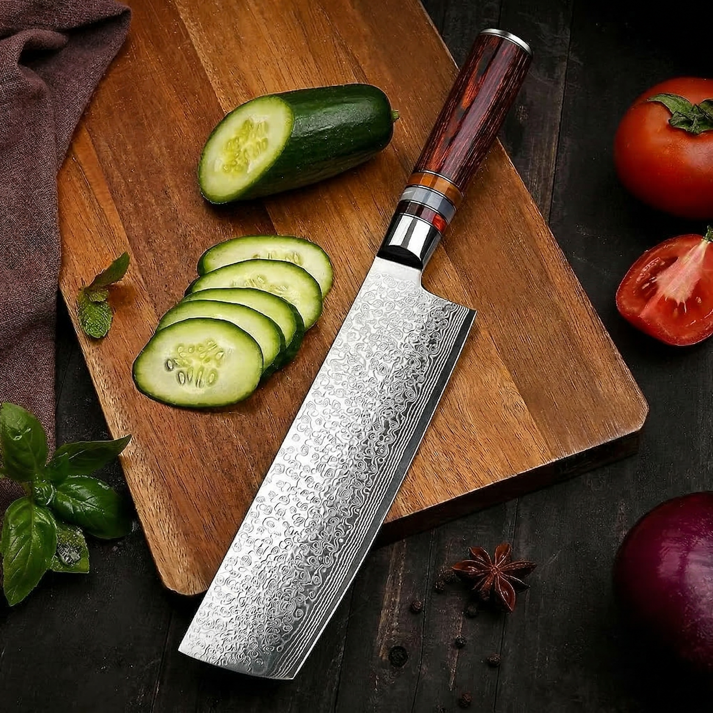 Damascus Nakiri Chopping Kitchen Knife 7" Pakka Wood Handle