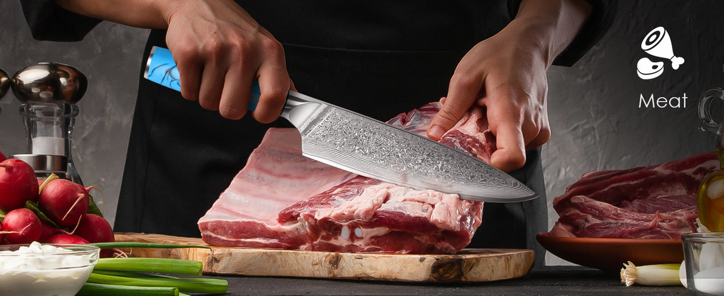 Damascus Chef Knife 8" Blue Resin Handle