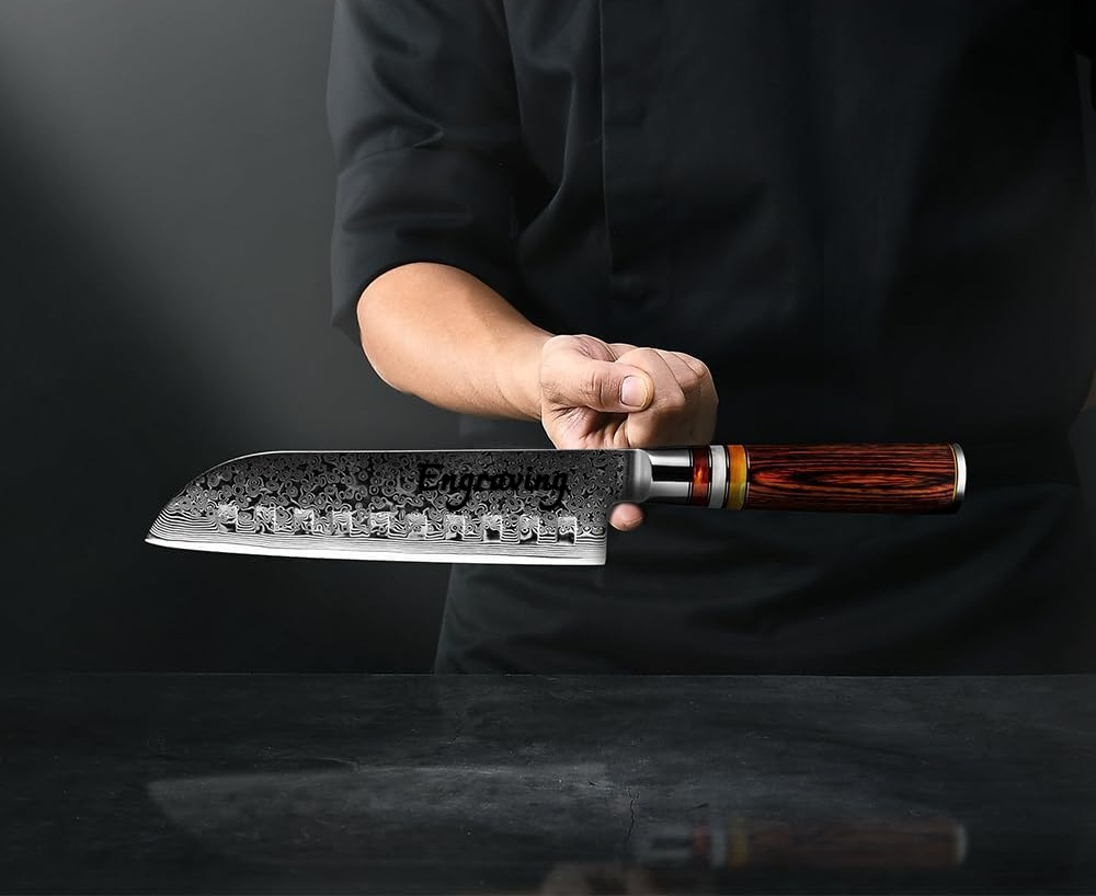Damascus Santoku Kitchen Knife 7" Pakka Wood Handle
