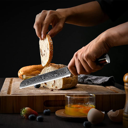 Damascus Bread Kitchen Serrated Knife 8" Pakka Wood Handle