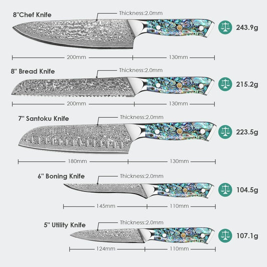 5-Piece Damascus Chef Knife Set with Abalone Shell Handles