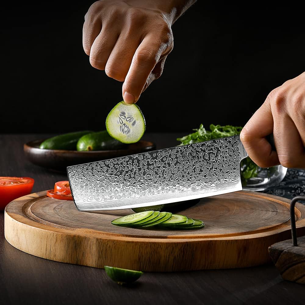 Damascus Nakiri Chopping Kitchen Knife 7" Pakka Wood Handle