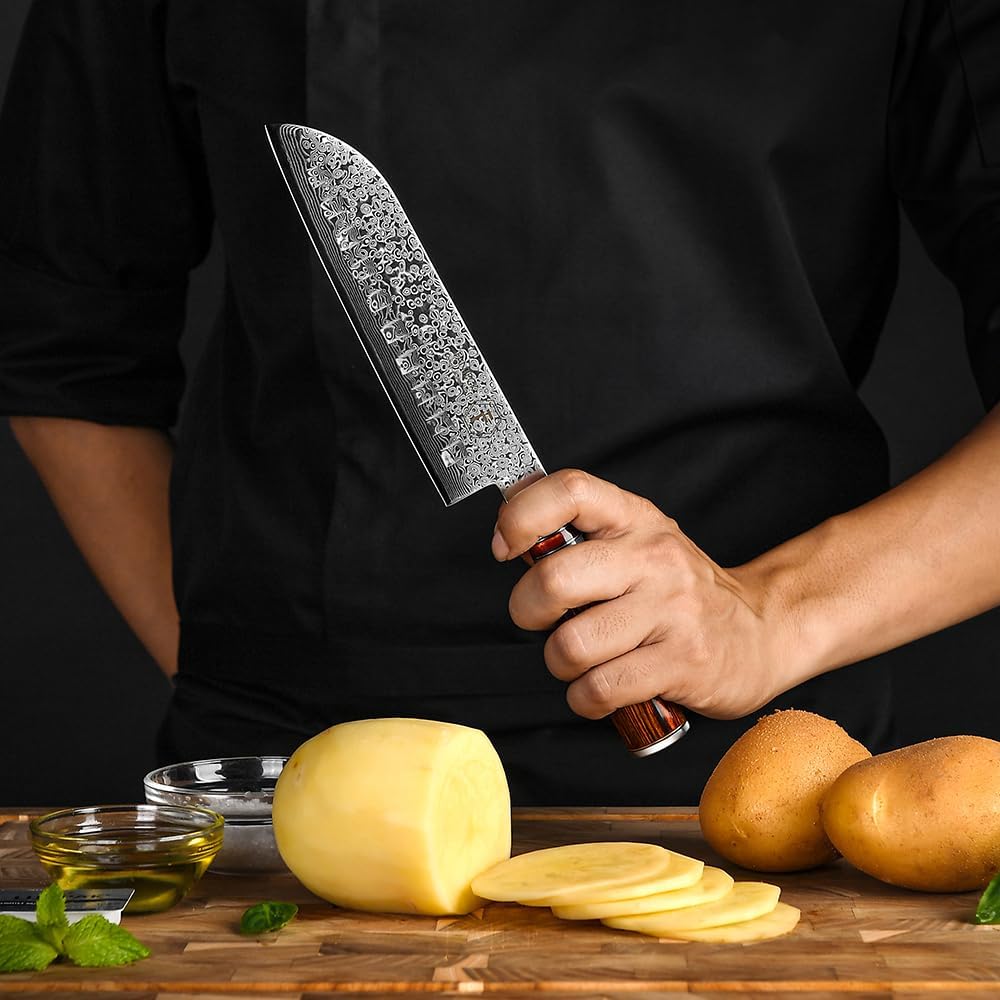 Damascus Santoku Kitchen Knife 7" Pakka Wood Handle