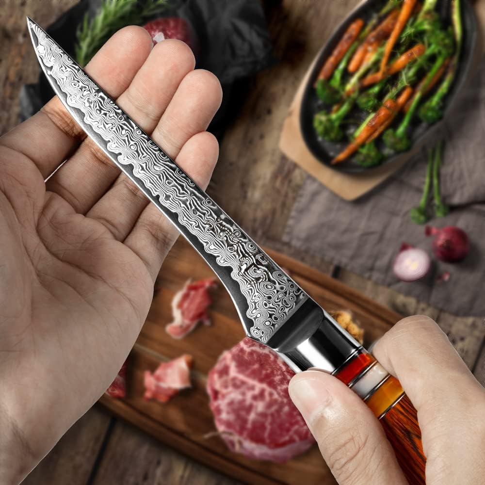 Damascus Boning Kitchen Knife 5.5" Pakka Wood Handle