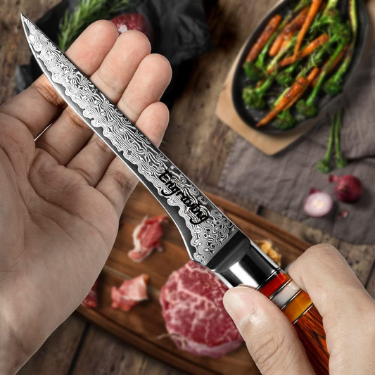 Damascus Boning Kitchen Knife 5.5" Pakka Wood Handle