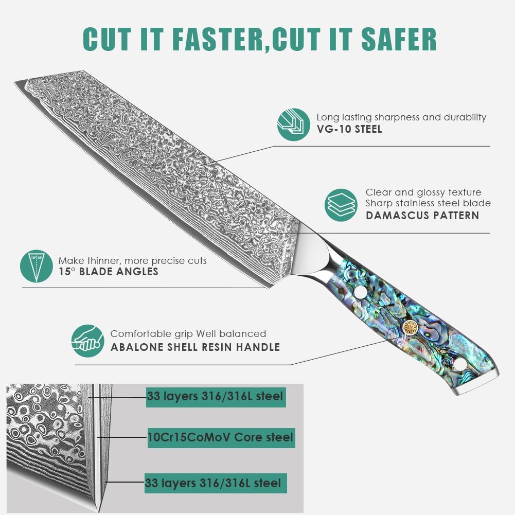 Damascus Kiritsuke Kitchen Knife 8" Abalone Shell Handle