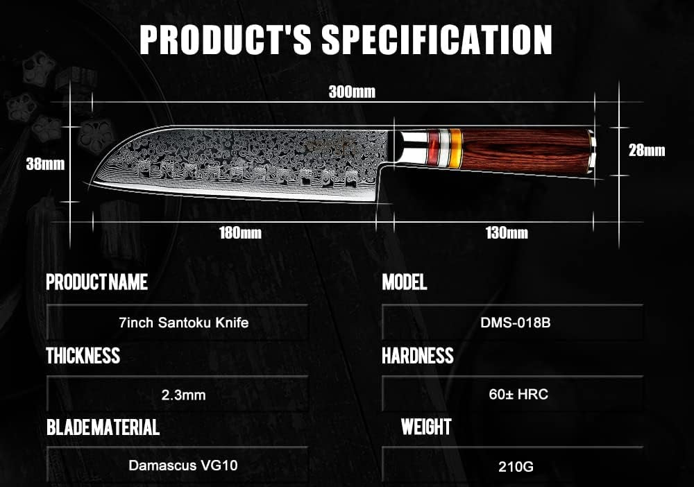 Damascus Santoku Kitchen Knife 7" Pakka Wood Handle