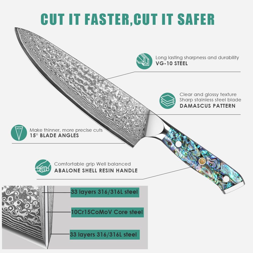 5-Piece Damascus Chef Knife Set with Abalone Shell Handles