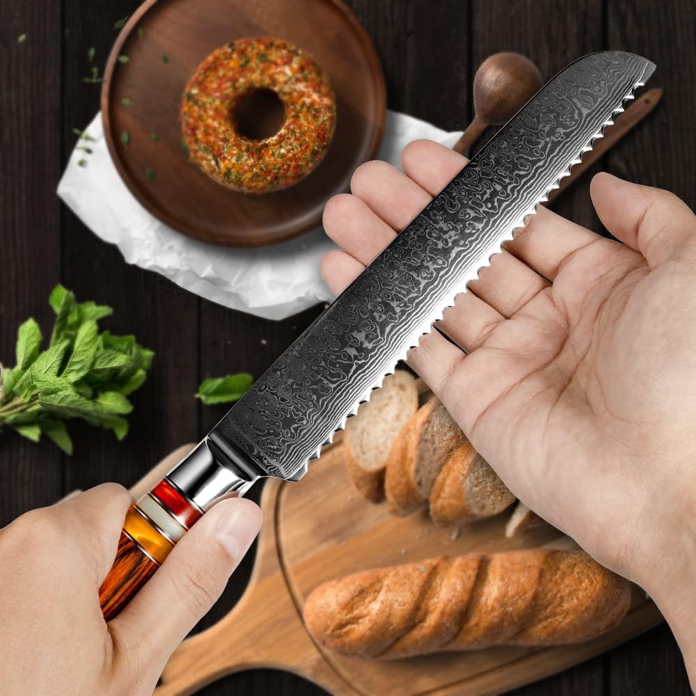 Damascus Bread Kitchen Serrated Knife 8" Pakka Wood Handle