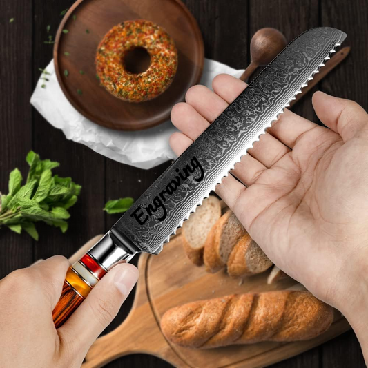 Damascus Bread Kitchen Serrated Knife 8" Pakka Wood Handle