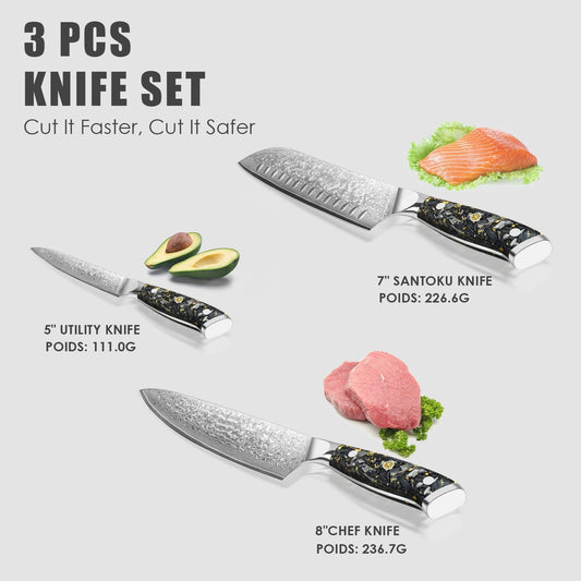 3-Piece Damascus Chef Knife Set with Gold Foil Handles