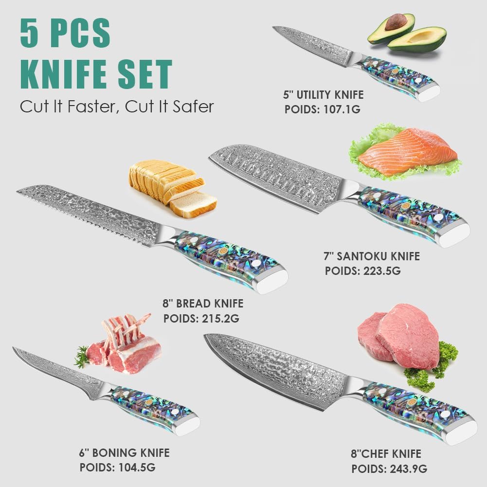 5-Piece Damascus Chef Knife Set with Abalone Shell Handles