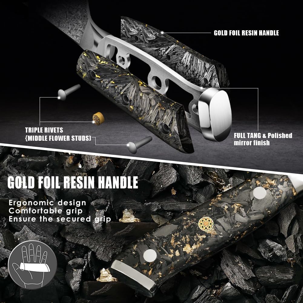 3-Piece Damascus Chef Knife Set with Gold Foil Handles
