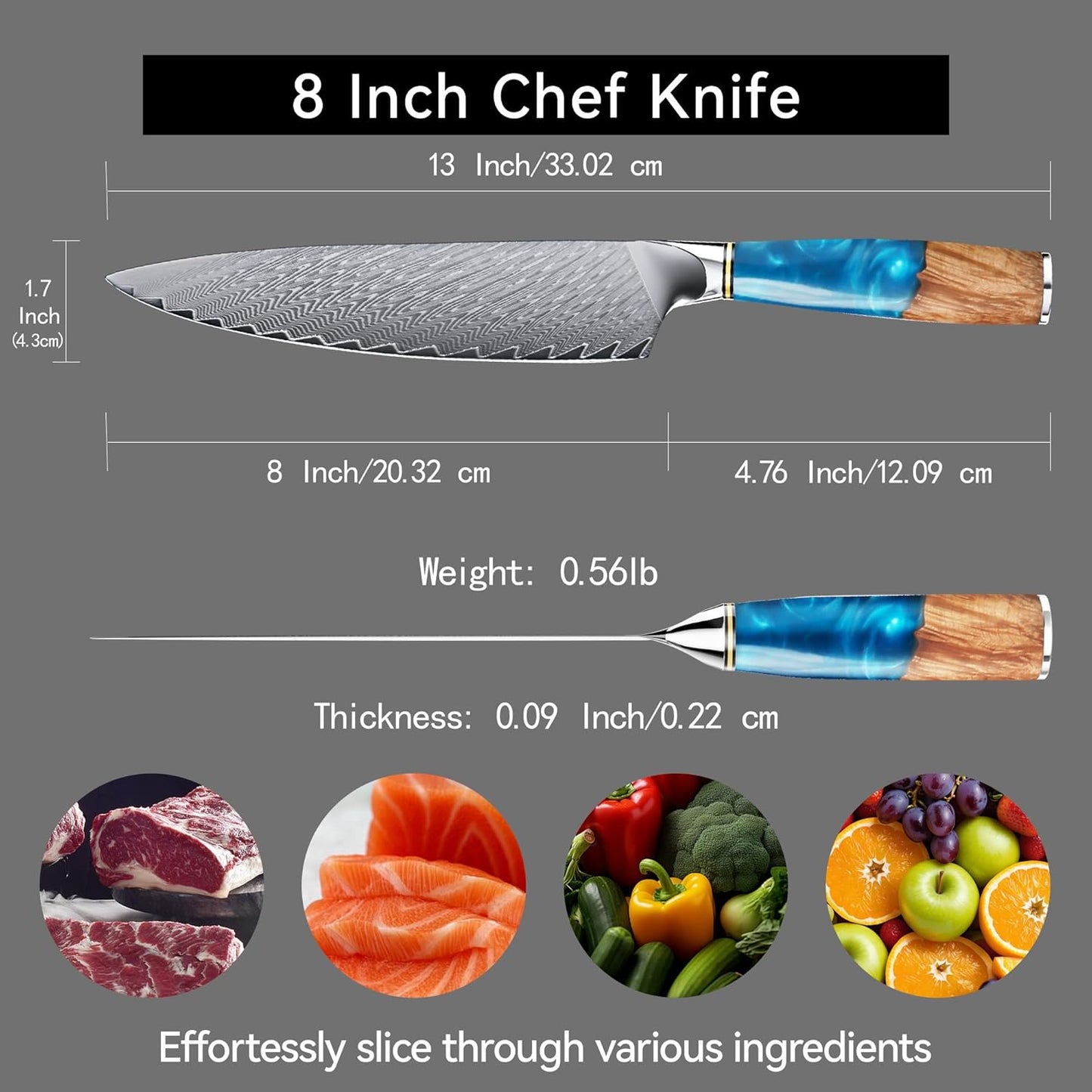 Damascus Chef Knife 8" Pakka Wood & Blue Resin Handle