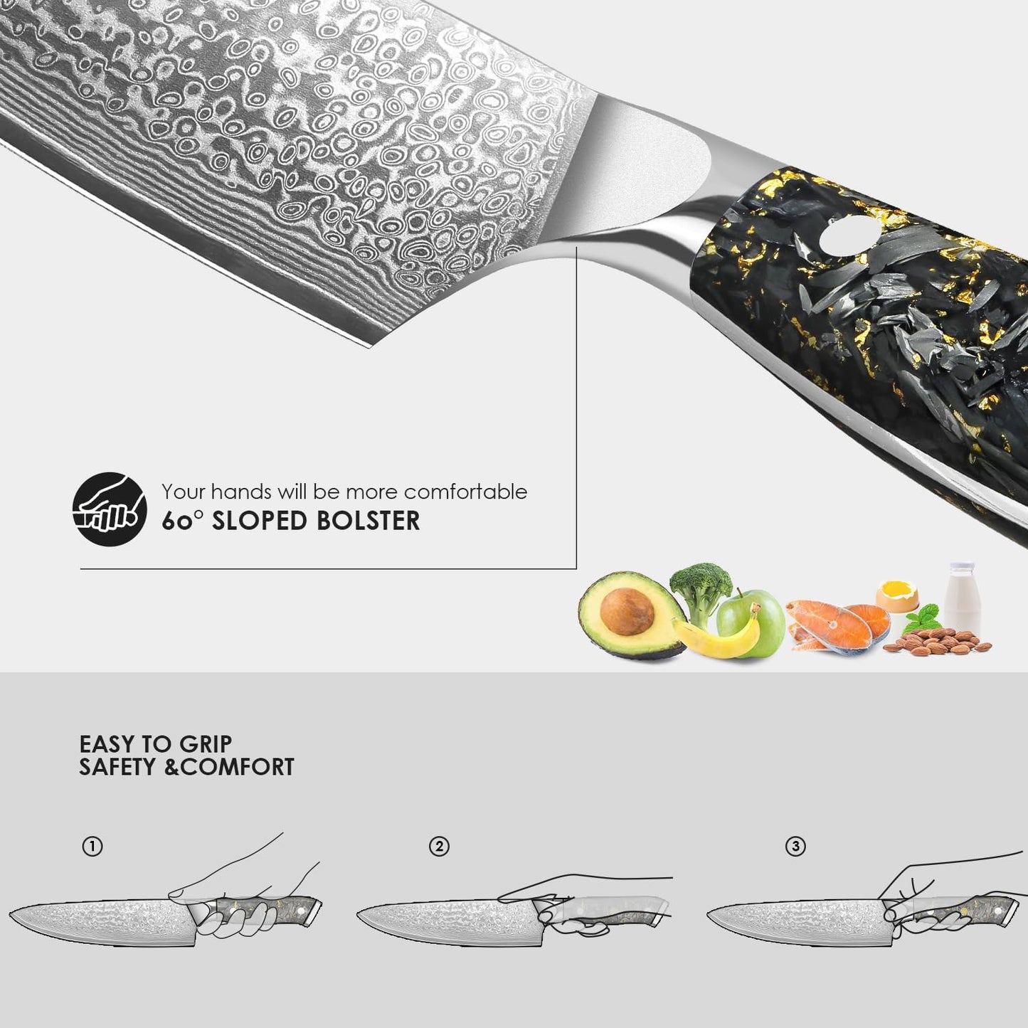 3-Piece Damascus Chef Knife Set with Gold Foil Handles