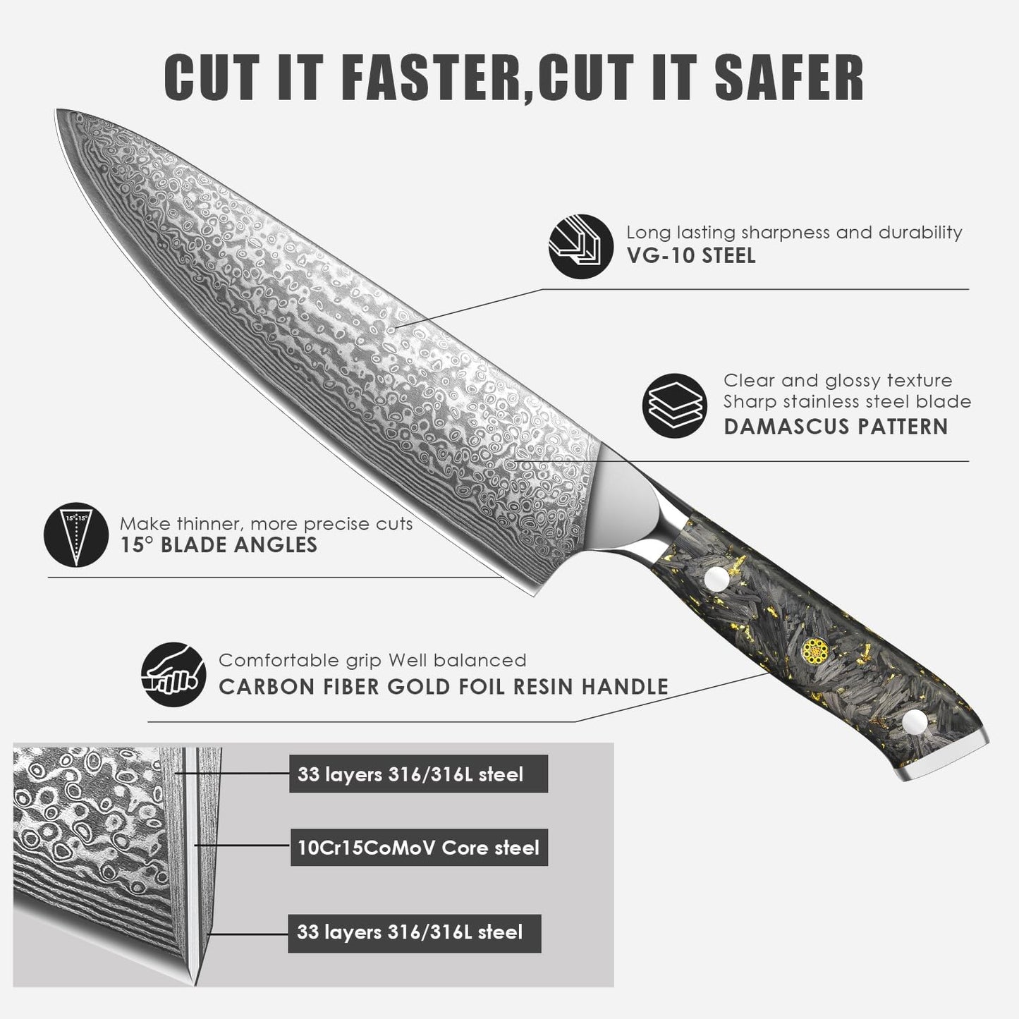 3-Piece Damascus Chef Knife Set with Gold Foil Handles