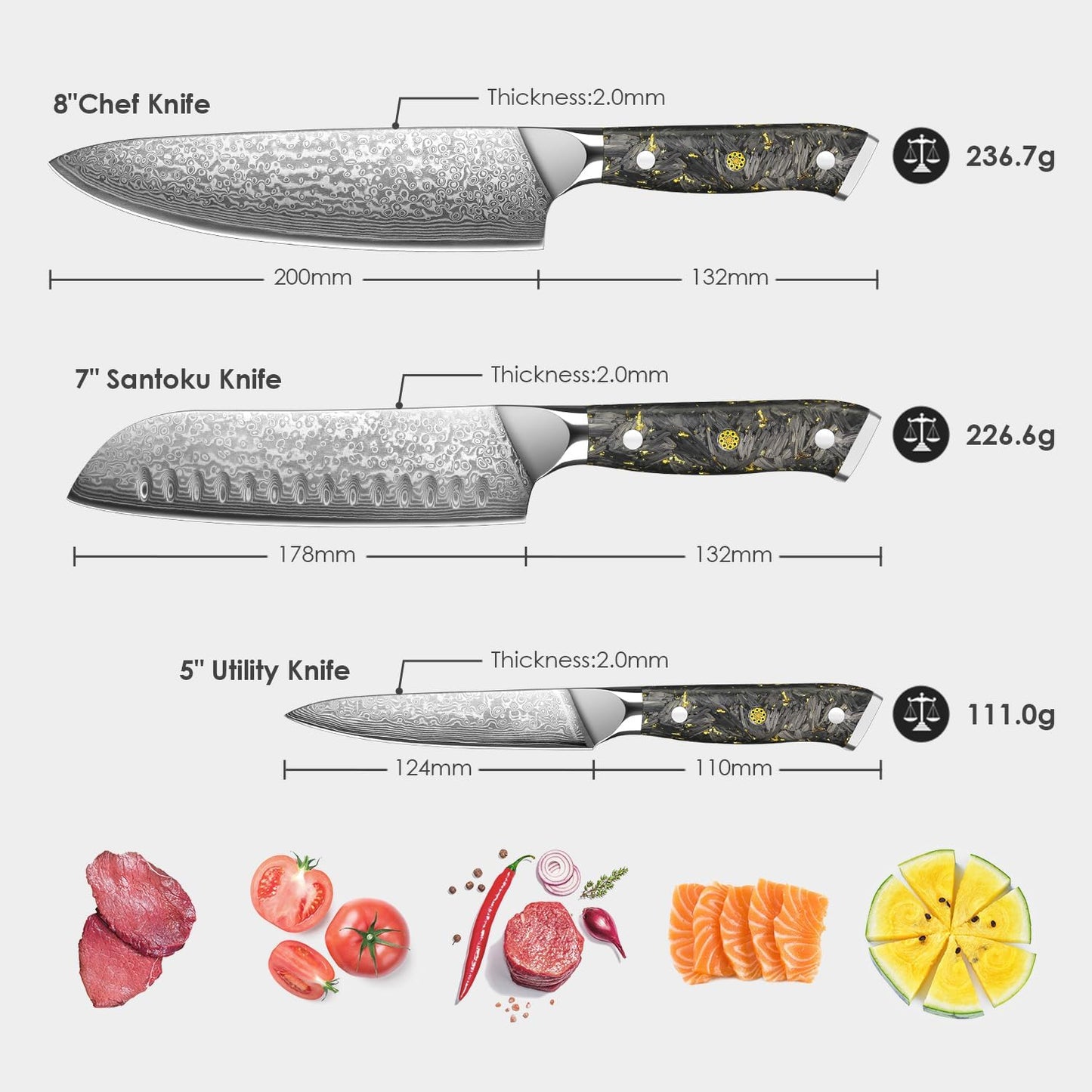 3-Piece Damascus Chef Knife Set with Gold Foil Handles
