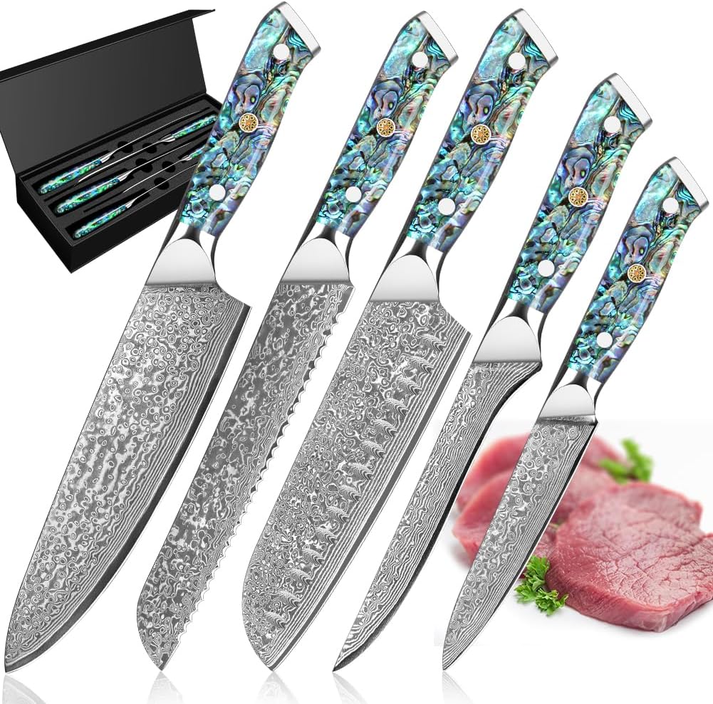 5-Piece Damascus Chef Knife Set with Abalone Shell Handles
