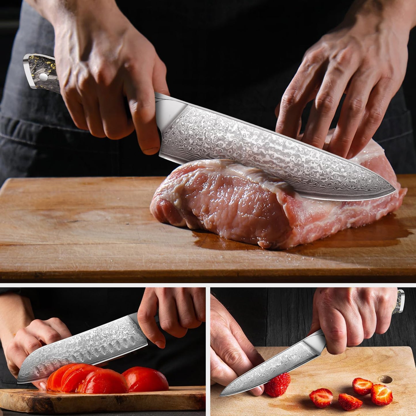 3-Piece Damascus Chef Knife Set with Gold Foil Handles