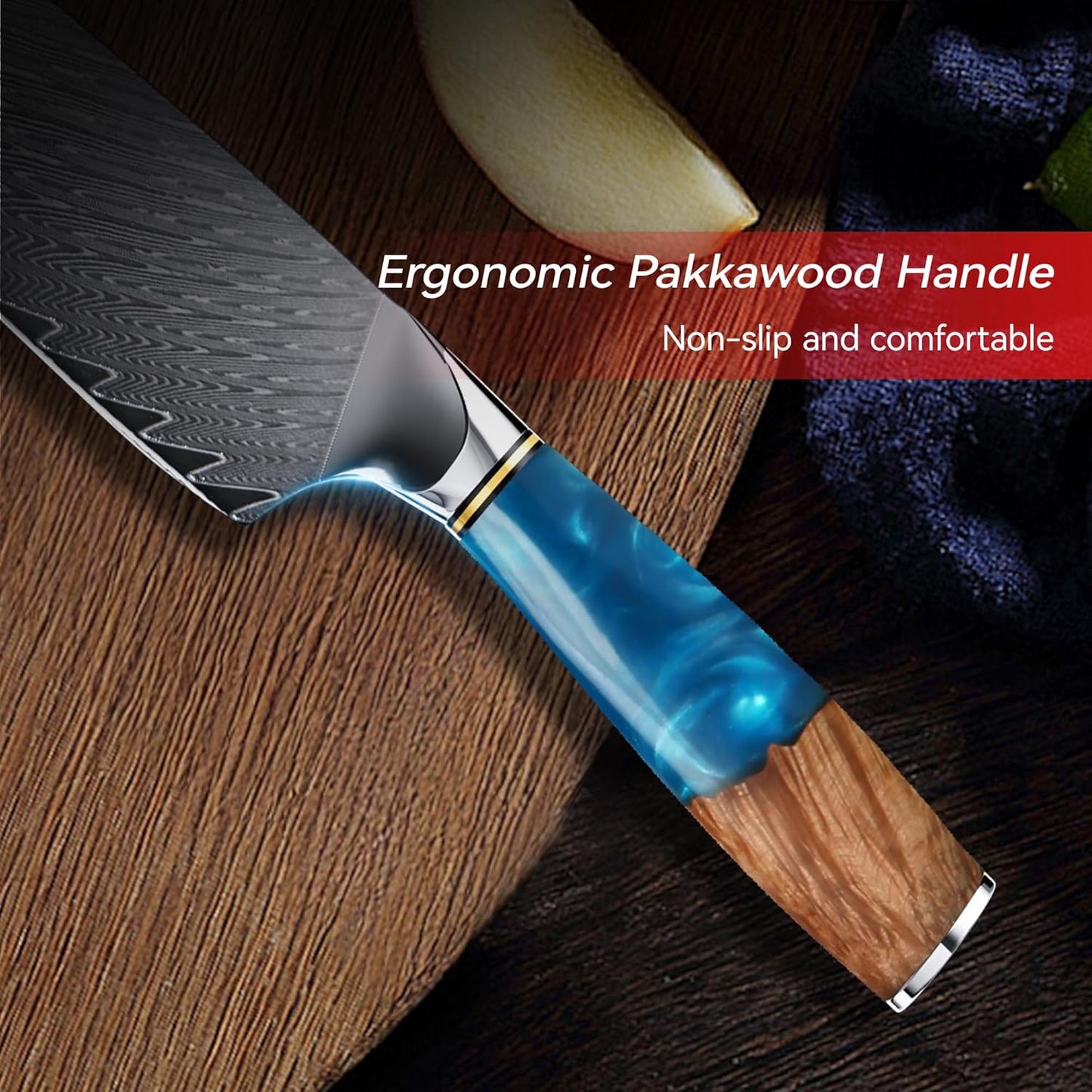 Damascus Chef Knife 8" Pakka Wood & Blue Resin Handle