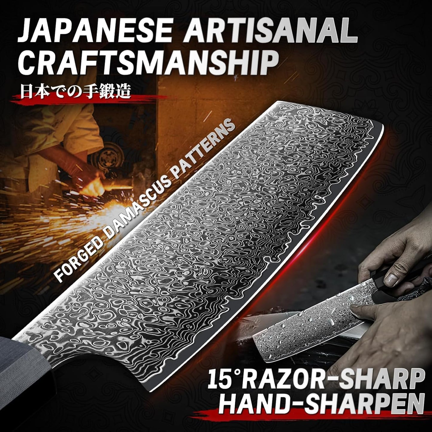Damascus Nakiri Chopping Kitchen Knife 7" G10 Carbon Fiber Handle