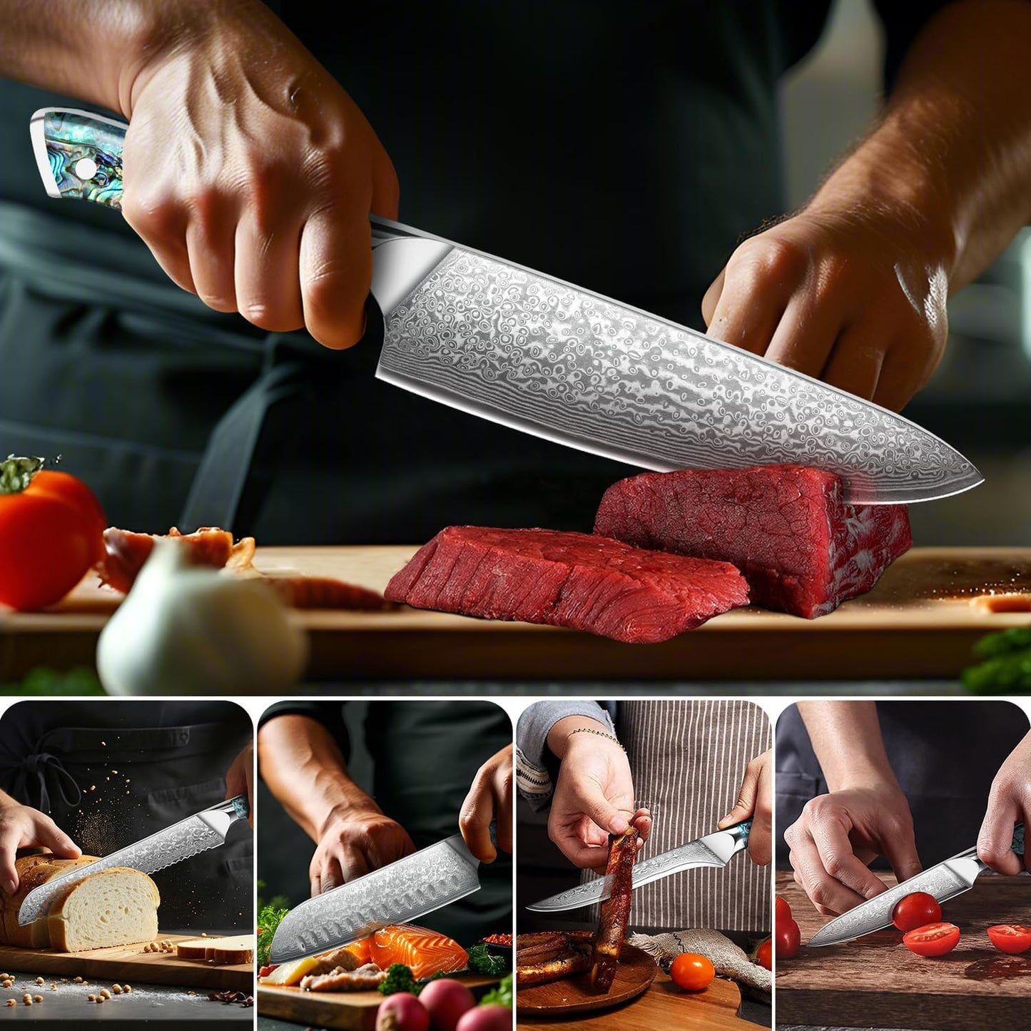 5-Piece Damascus Chef Knife Set with Abalone Shell Handles