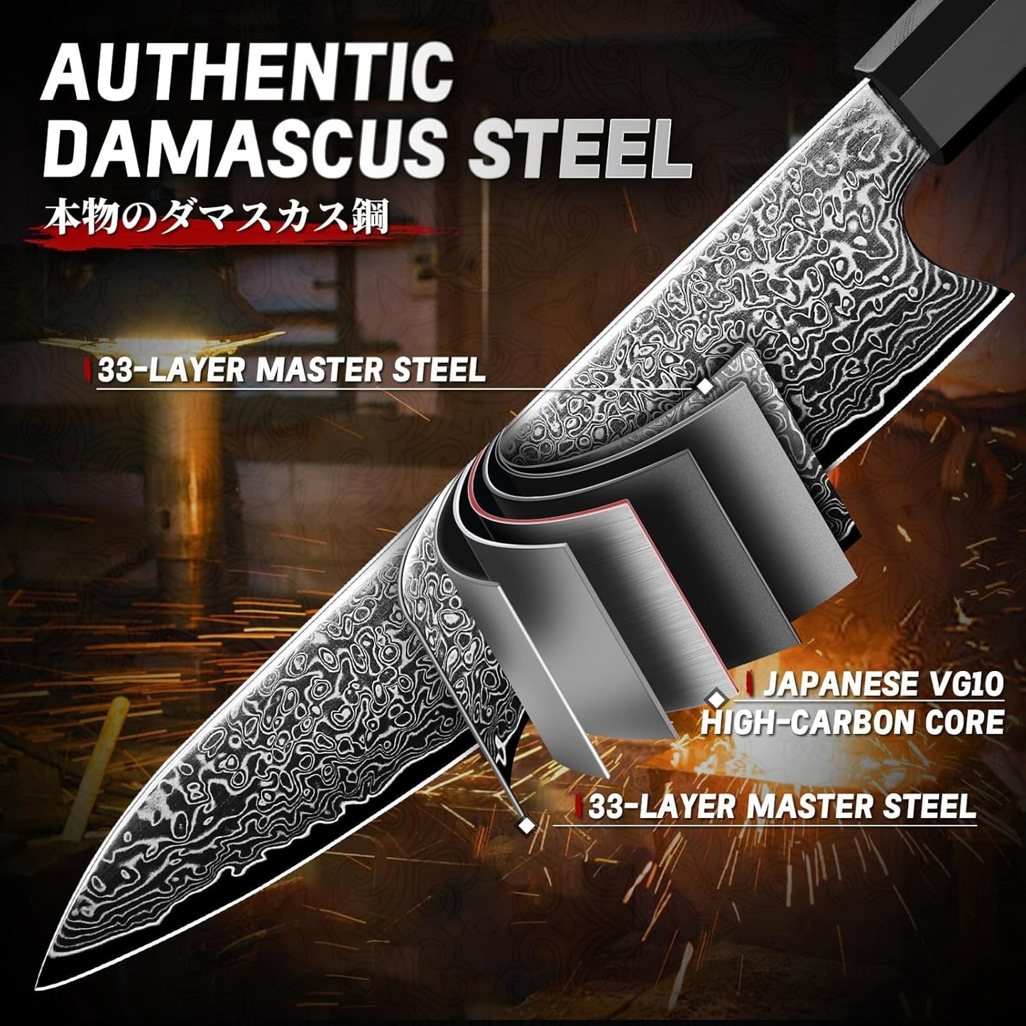 3-Piece Damascus Chef Knife Set with Carbon Fiber G10 Handles