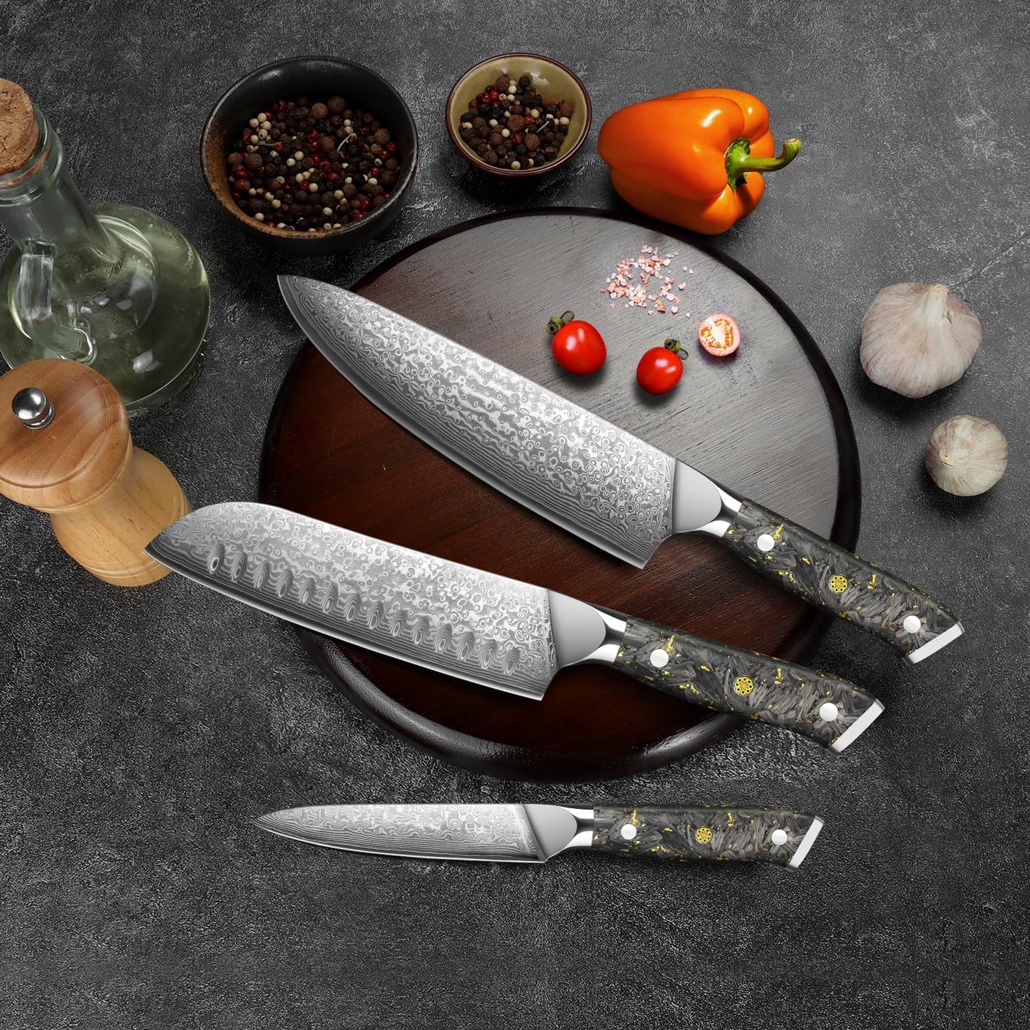 3-Piece Damascus Chef Knife Set with Gold Foil Handles