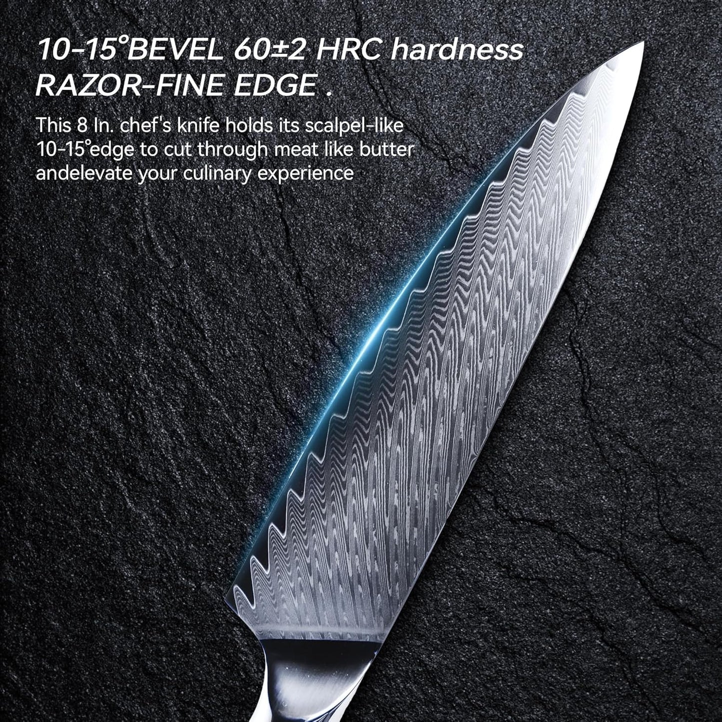 Damascus Chef Knife 8" Pakka Wood & Blue Resin Handle