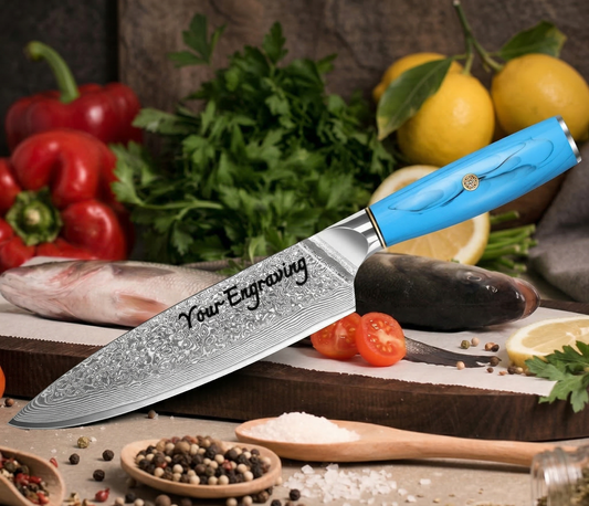 Damascus Chef Knife 8" Blue Resin Handle