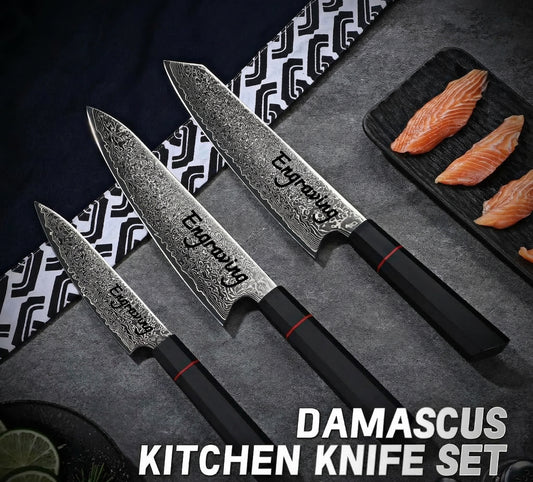 3-Piece Damascus Chef Knife Set with Carbon Fiber G10 Handles
