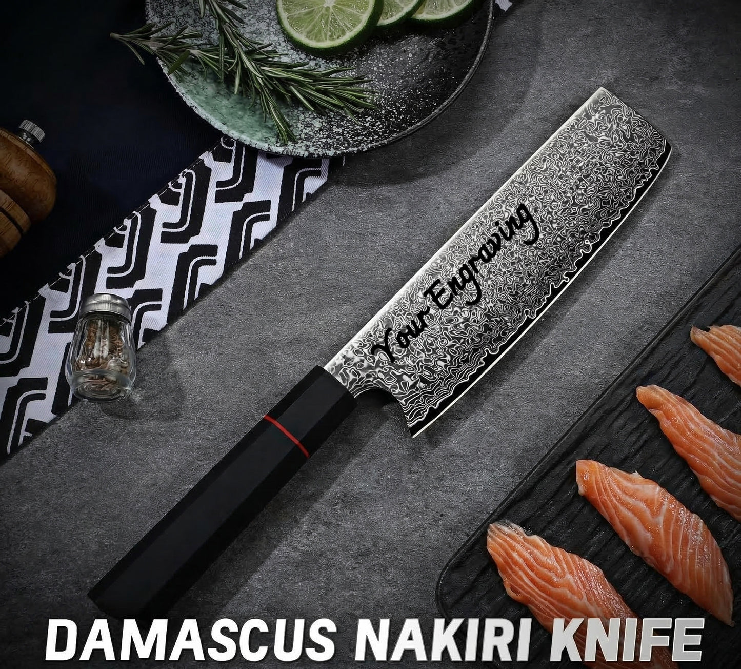 Damascus Nakiri Chopping Kitchen Knife 7" G10 Carbon Fiber Handle