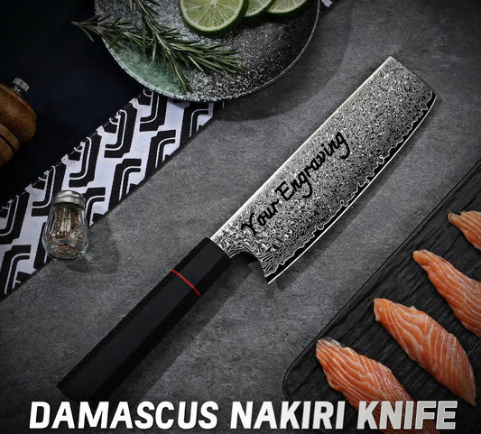 Damascus Nakiri Chopping Kitchen Knife 7" G10 Carbon Fiber Handle
