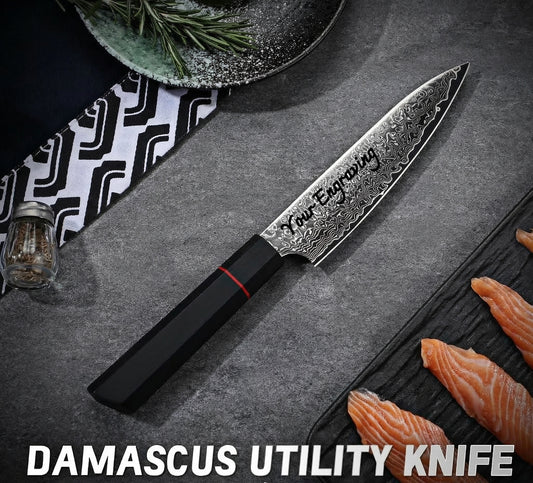 Damascus Utility Kitchen Knife 5.7" G10 Carbon Fiber Handle