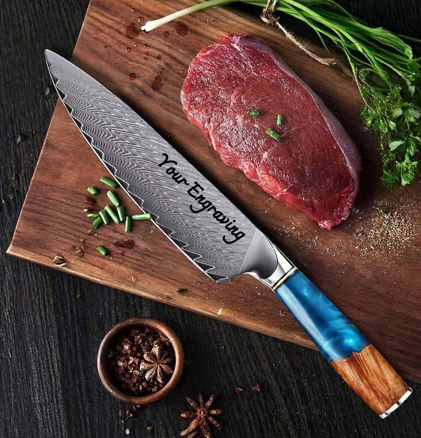 Damascus Chef Knife 8" Pakka Wood & Blue Resin Handle