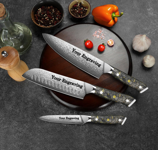 3-Piece Damascus Chef Knife Set with Gold Foil Handles