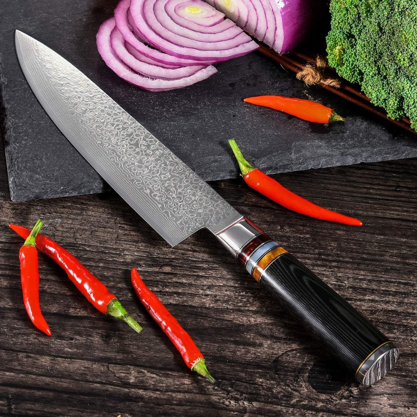 Damascus Chef Knife 8" Pakka Wood Handle