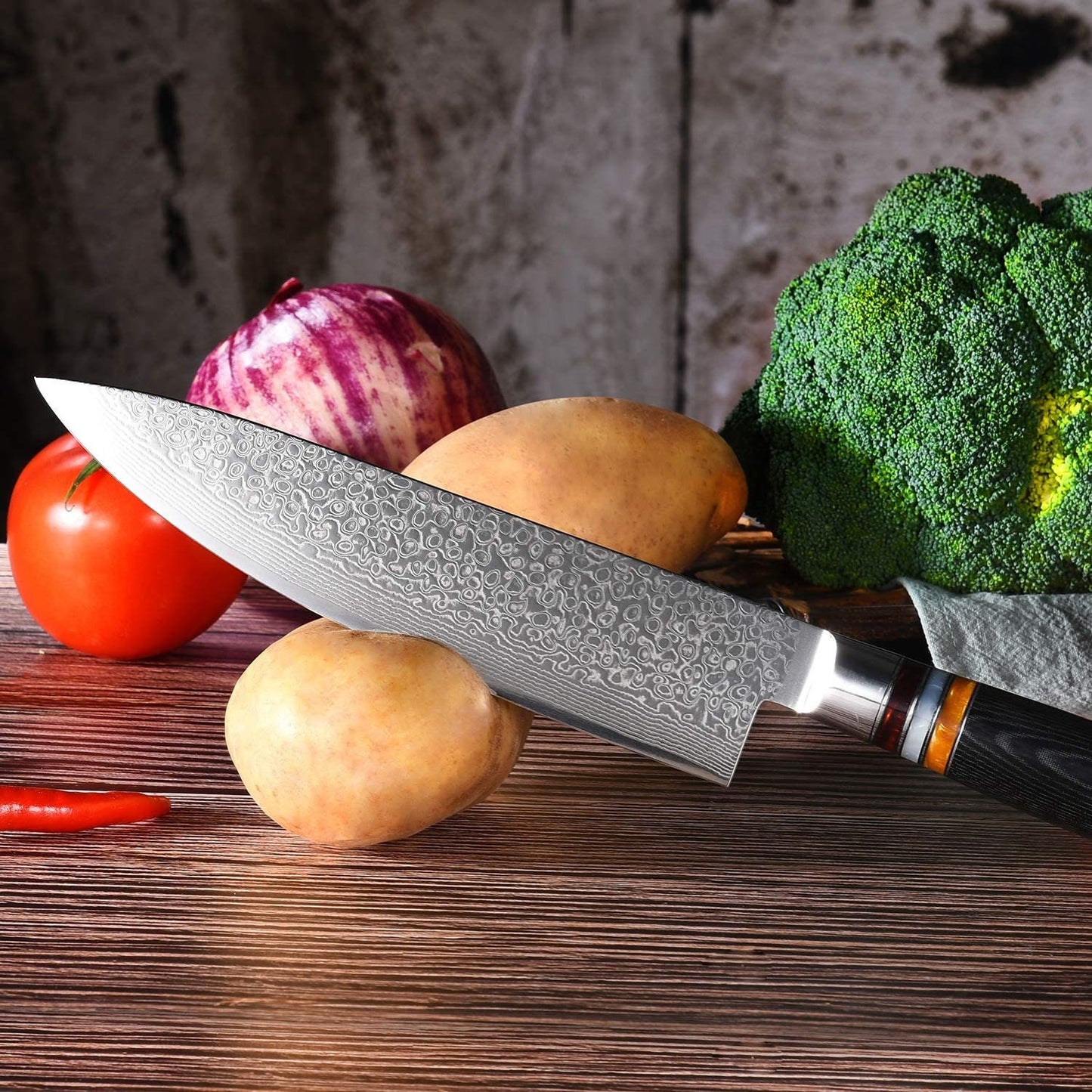Damascus Chef Knife 8" Pakka Wood Handle