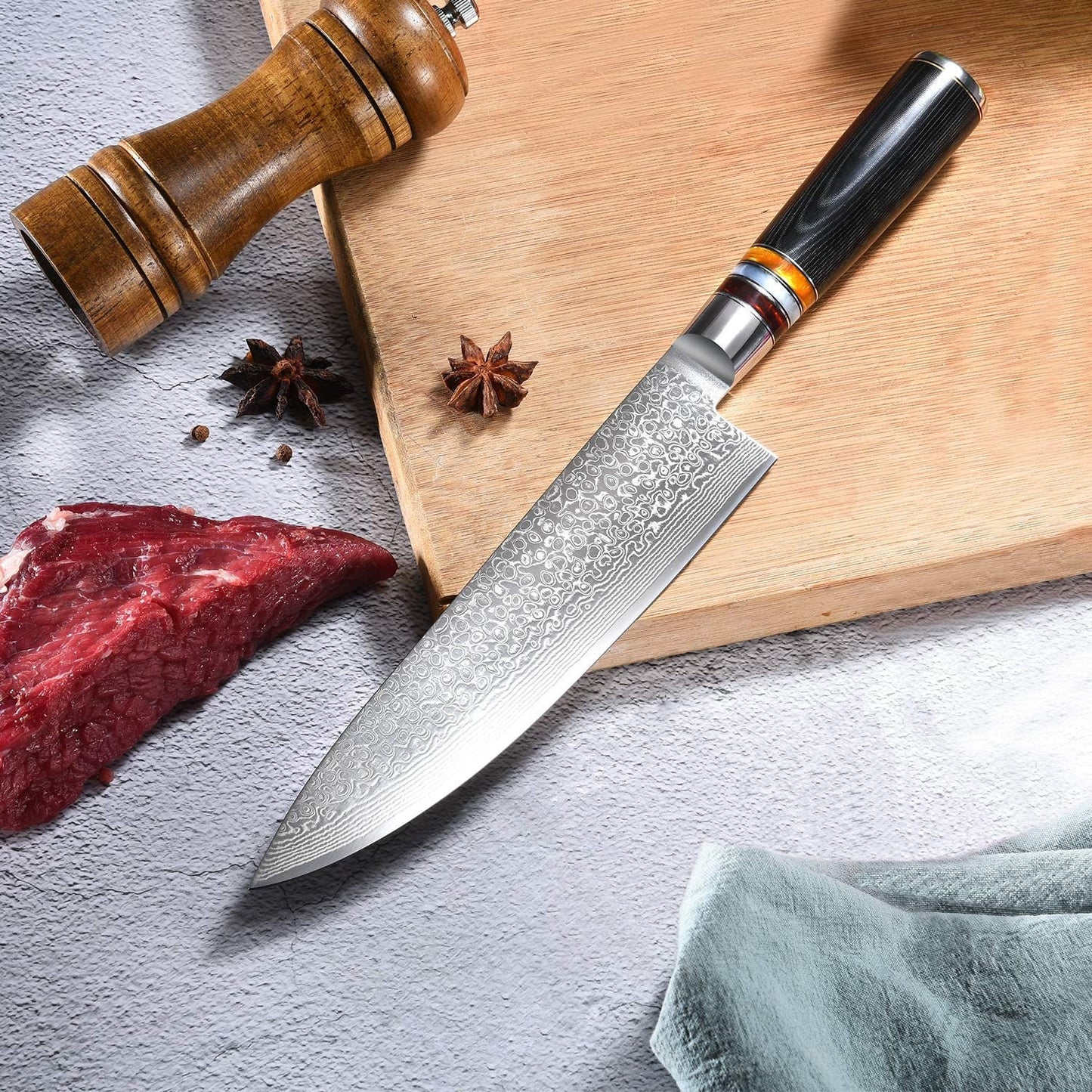Damascus Chef Knife 8" Pakka Wood Handle