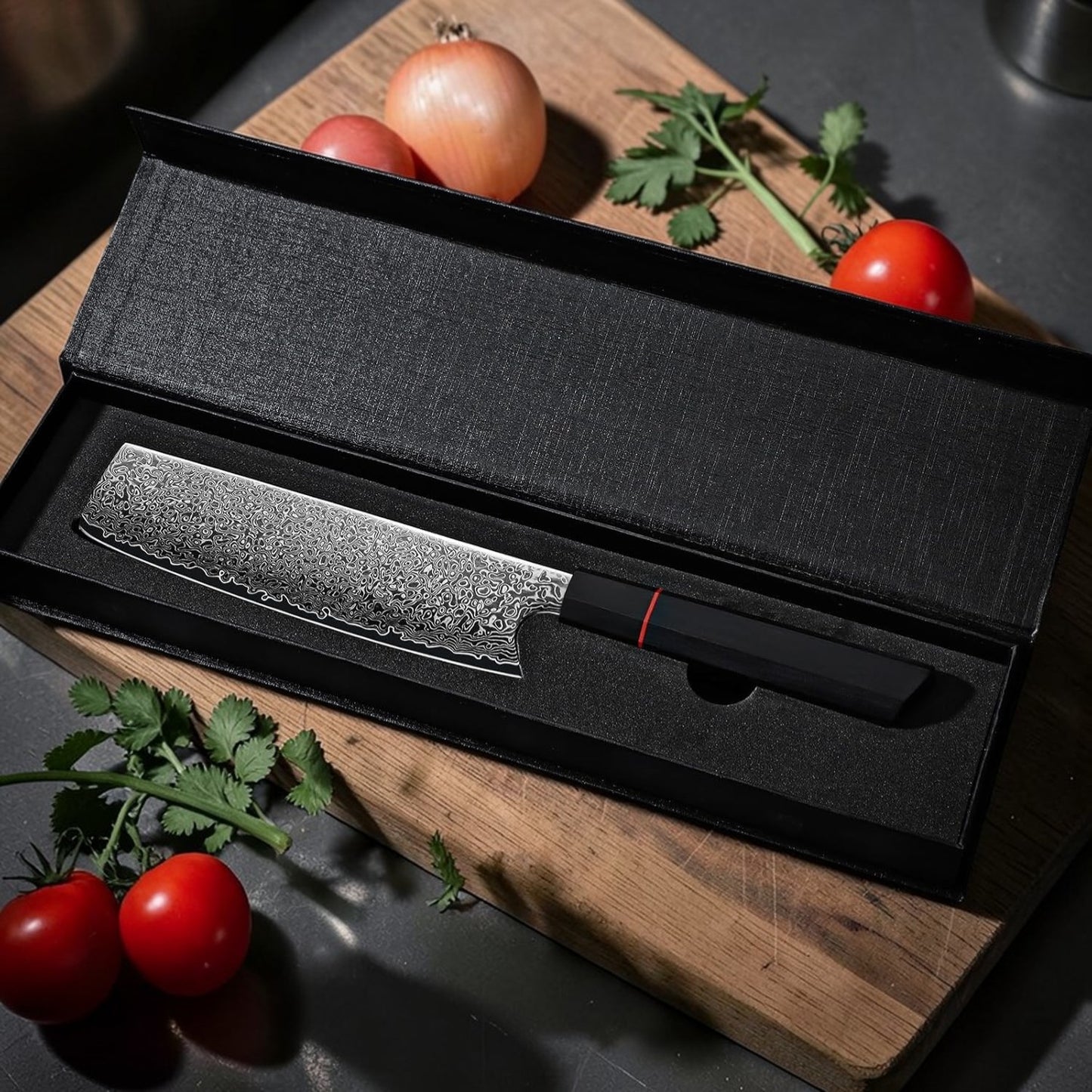 Damascus Nakiri Chopping Kitchen Knife 7" G10 Carbon Fiber Handle